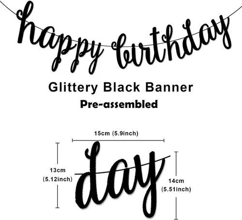 Miniatura 4 de Kit de decoración de pancarta negra de feliz cumpleaños, guirnalda de puntos circulares con espirales colgantes negros y plateados para cumpleaños
