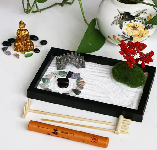 Miniatura 2 de Mini kit de jardín zen de meditación, mesa japonesa, roca, arena, chakra, buda, jardín, hogar, oficina, escritorio, decoración de escritorio