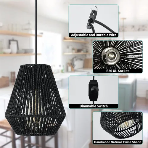 Miniatura 6 de Lámpara colgante enchufable, lámpara colgante con cable de 15 pies, interruptor de encendido/apagado, cesta de ratán tejida a mano negra, lámpara