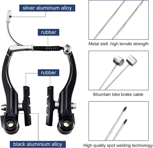 Miniatura 4 de Riakrum 2 juegos de frenos de bicicleta que incluyen 2 pares de frenos tipo V con 2 cables de freno y 4 tapas de extremo de cable para bicicletas