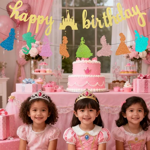 Miniatura 6 de Decoración de pancarta de cumpleaños de princesa, guirnalda dorada con purpurina para niñas, decoración de fiesta de cumpleaños, suministros