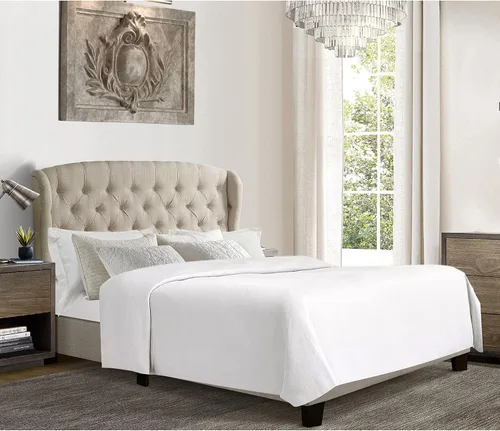Miniatura 10 de Rosevera Issac - Cama con cabecera ajustable de diseño distintivo y marco de cama acolchado con botones, tamaño King, beige clásico Gris clásico