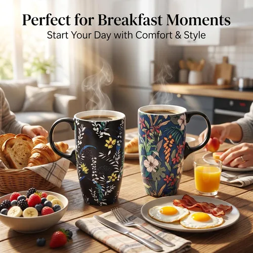 Miniatura 4 de Juego de 2 tazas de café de cerámica de 17 onzas con tapas y cajas de regalo, tazas de té de porcelana floral Art Nouveau Tropical y flores Azul