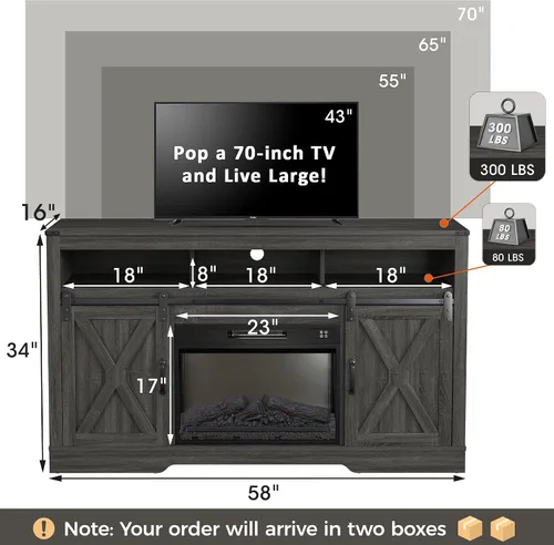 Miniatura 2 de RoyalCraft Soporte de TV con Chimenea para TV de 65+ Pulgadas, Centro de Entretenimiento Estilo Granja de 34" de Alto con Chimenea Eléctrica de 23