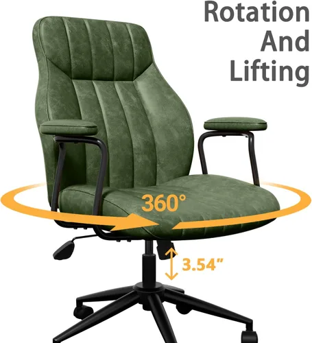 Miniatura 8 de Silla de escritorio de cuero verde Bananister con ruedas y brazos, altura ajustable, estilo vintage, moderno de mediados de siglo