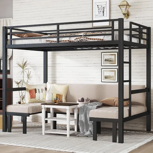 Miniatura 24 de Litera de metal resistente de tamaño individual sobre matrimonial, con escalera integrada y barandilla de seguridad para niños, adolescentes