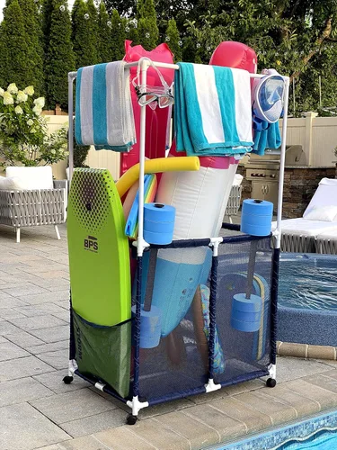 Miniatura 4 de Soporte para equipo de piscina con barras de secado de toallas, organizador de almacenamiento multiusos con ruedas de malla, colgador de toallas
