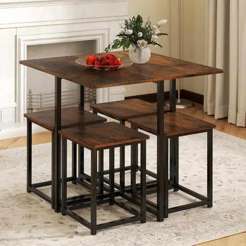 Tangkula Juego de mesa de comedor compacto para 4, juego de mesa de cocina pequeña con taburetes cuadrados y marco de metal, perfecto para espacios