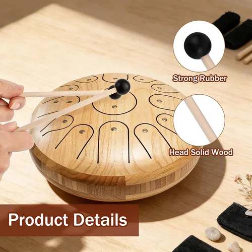 Miniatura 4 de 4 mazos de tambor de lengua de acero con mango de madera, mazos de xilófono con 8 cunas de dedo, palillos de percusión de goma para timbales