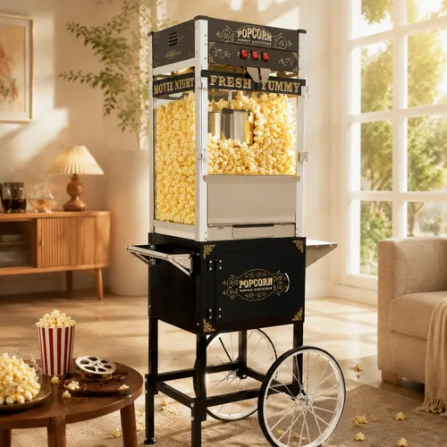 Miniatura 20 de Máquina comercial para palomitas de maíz de 32 oz con carrito - Hervidor de acero inoxidable con ruedas, bandeja calefactora y vidrio templado