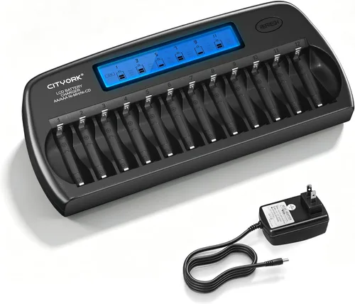 CITYORK Cargador de batería AA AAA de 12 bahías con función de actualización, cargador de batería inteligente con pantalla LCD para baterías