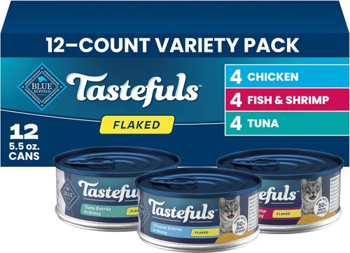 Blue Buffalo Tastefuls - Paquete variado de alimento húmedo natural para gatos, atún, pollo y pescado y camarones en hojuelas en salsa, latas de 5.5