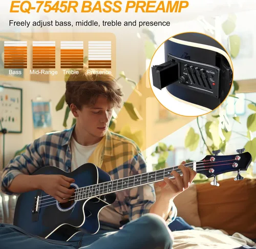 Miniatura 4 de Ktaxon Bajo acústico de 4 cuerdas, tamaño completo, kit de bajo con bolsa portátil, cable premium, llave, correa, púa (Azul)