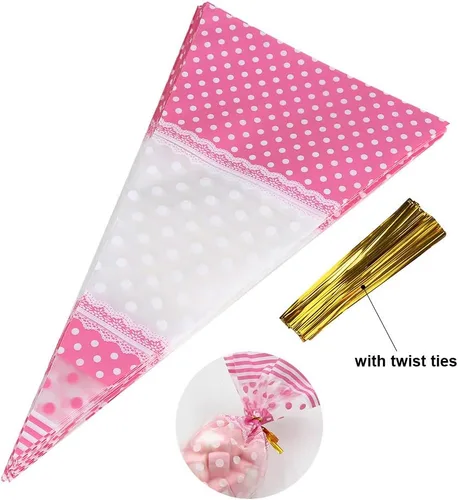 Miniatura 2 de FTVOGUE 50 bolsas transparentes en forma de cono para palomitas de maíz, bolsas de celofán con lazos