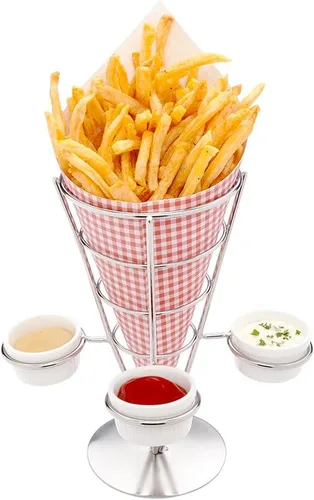 Miniatura 8 de Restaurantware Soporte para papas fritas de 4 x 5 pulgadas, 1 soporte para freír – con 2 soportes para salsas, soporte de cono de acero inoxidable