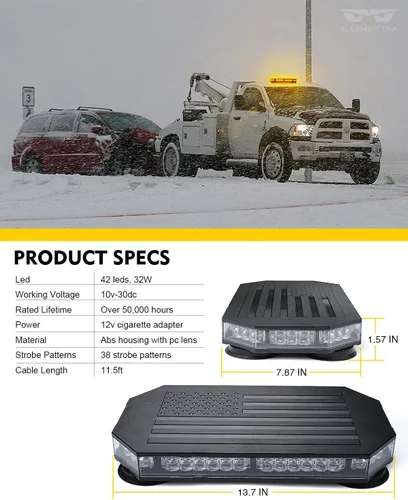 Miniatura 7 de LUMENIX - Barra de luces estroboscópicas LED de 42 luces ámbar para techo, montaje magnético, luz de advertencia de emergencia, tráfico intermitente