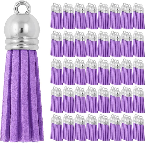 Miniatura 78 de Mandala Crafts 100 borlas de gamuza sintética color aguamarina con tapa dorada, suministros para hacer llaveros a granel, pequeñas borlas de cuero