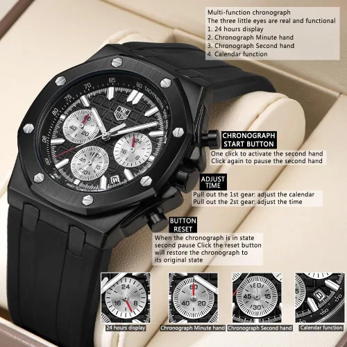 Miniatura 7 de Men's Watch Silicone Band, Quartz Analog Waterproof Multifunction Chronograph Sports Watch for Men with Calendar Black Rubber Strap