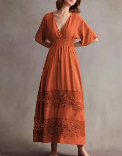 Miniatura 2 de Vestido largo de encaje para mujer de manga corta y cuello en V, vestido de fiesta estilo bohemio con cintura fruncida, vestido bohemio para mujer
