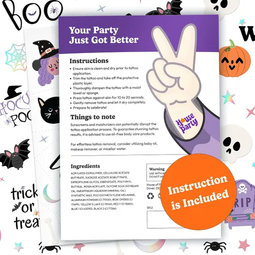 Miniatura 7 de HOUSE OF PARTY Tatuajes temporales de Halloween para niños, 84 calcomanías de Hocus Pocus, tatuajes de murciélago, calcomanías de calavera, tatuajes