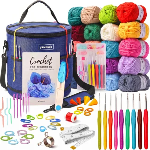 Piccassio Kit de ganchillo para principiantes, juego completo de iniciación para adultos y adolescentes con 20 colores de hilo, ganchos, libro y