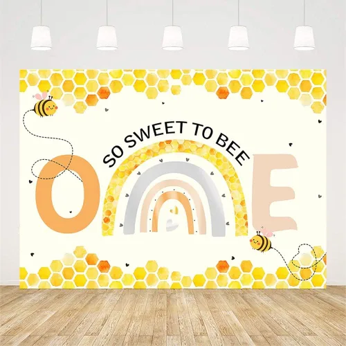 Miniatura 2 de AIBIIN Telón de fondo de 7 x 5 pies para niña, decoración de fiesta de primer cumpleaños de abeja, fondo de fotografía, fondo bohemio, arco iris