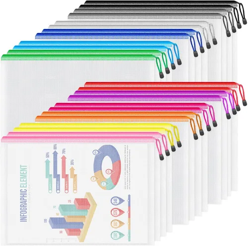 Miniatura 12 de Smarpau Bolsa grande con cremallera de malla A3, paquete de 24 bolsas de 12 colores con cremallera de 17.4 x 12.4 pulgadas para organizar, bolsas