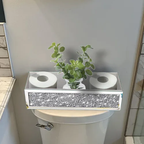 Miniatura 2 de Wocred Cesta de baño para inodoro, bandeja de baño con espejo de diamante triturado montado en la pared, organizador de almacenamiento plateado que