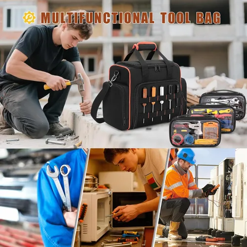 Miniatura 7 de Bolsa de herramientas Marscamd con 3 estuches extraíbles, bolsa de herramientas de 2 capas para herramientas manuales, negra con ribete rojo Negro