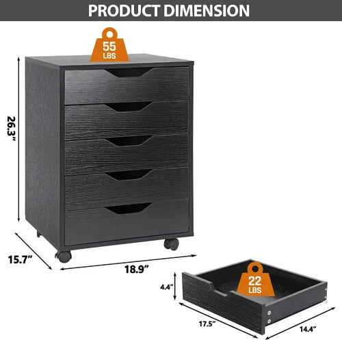 Miniatura 3 de ZENY Cómoda de 5 cajones, archivador móvil con ruedas, gabinete de almacenamiento para oficina en casa debajo del escritorio, cajones de Negro