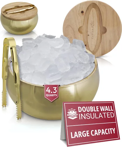 Gusto Nostro Cubo de hielo aislado de 4.1 L con tapa y pinzas, cubo de hielo de acero inoxidable de doble pared grande, sin BPA para bar de