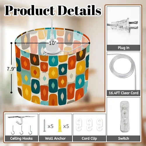 Miniatura 4 de Boho Plug in Pendant Light Mid Century Modern Art Abstract Geometric Seamless 16.4ft Plug in Cord Dimmable Hanging Lamp Fabric Lamp Shade Pendant