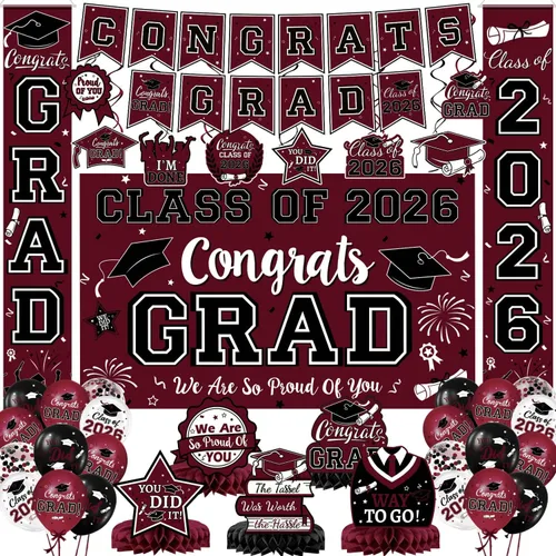 Miniatura 20 de Decoraciones de graduación 2026, juego de decoraciones de graduación rojo y negro con pancarta y telón de fondo de felicitaciones, letrero