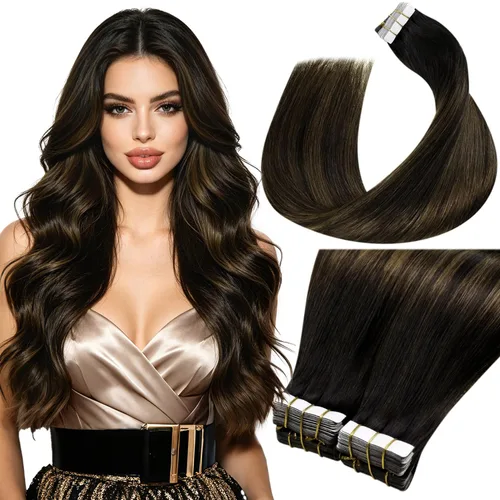 Miniatura 24 de LaaVoo Extensiones adhesivas de cabello humano real, color negro azabache, extensiones de cabello humano liso y sedoso, 10 pulgadas, 20