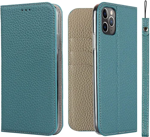 iCoverCase Funda tipo cartera compatible con iPhone 11 Pro, funda magnética de piel auténtica con bloqueo RFID, correa para la muñeca y ranuras para