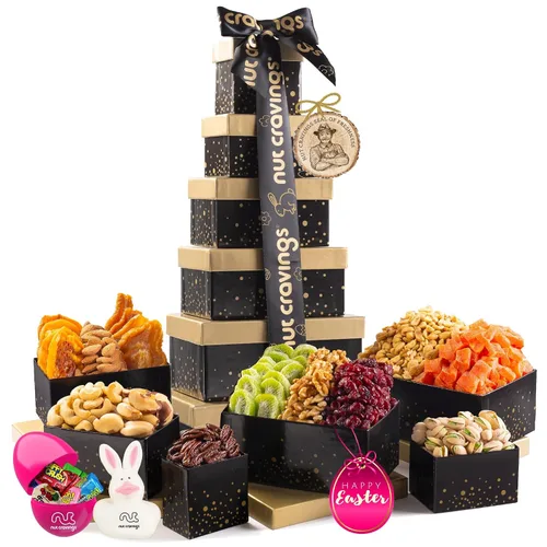 Miniatura 13 de NUT CRAVINGS - Cesta de regalo de frutas secas y nueces mixtas, torre roja + cinta de corazón (12 surtidos), arreglo de alimentos, paquete