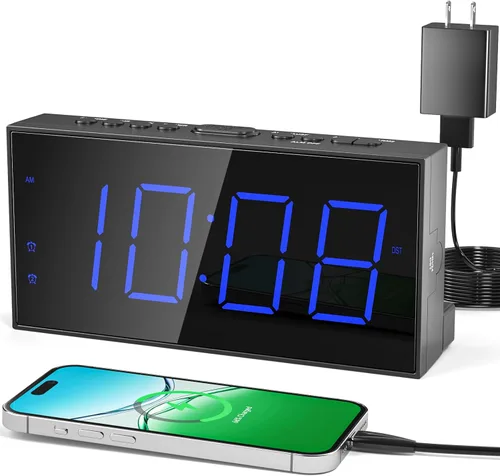 Reloj despertador digital, reloj de alarma dual ruidoso para dormitorio, pantalla grande electrónica de 7.5 pulgadas con atenuador, cargador USB,