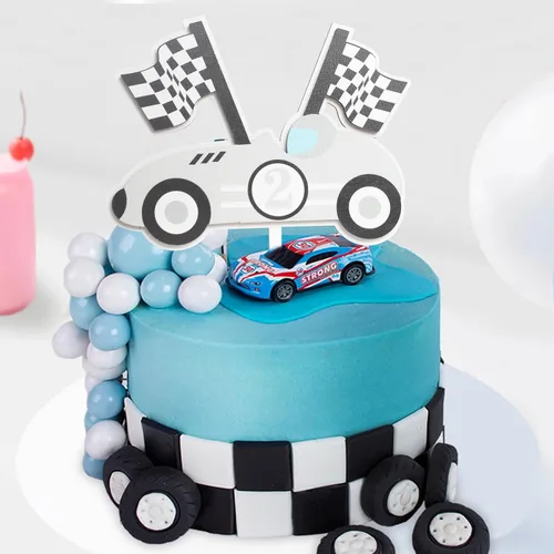 Miniatura 3 de Decoración para pastel de segundo cumpleaños de madera para bebé, decoración de pastel de cumpleaños de auto de carreras, decoración de pastel de 2