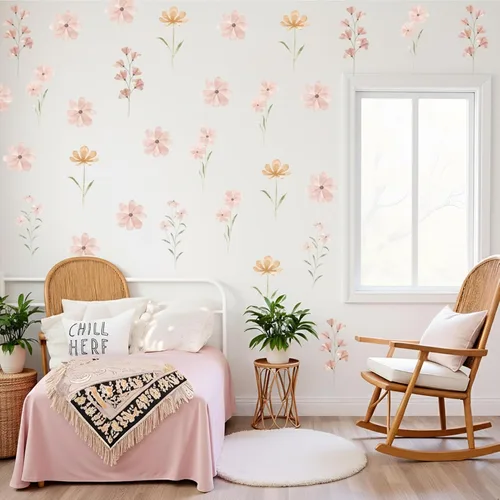 Miniatura 3 de 48 PCS Calcomanías de Flores Bohemias Calcomanías de Pared de Margaritas para Habitaciones de Niñas, Salas de Juegos y Guarderías Impresión de Doble