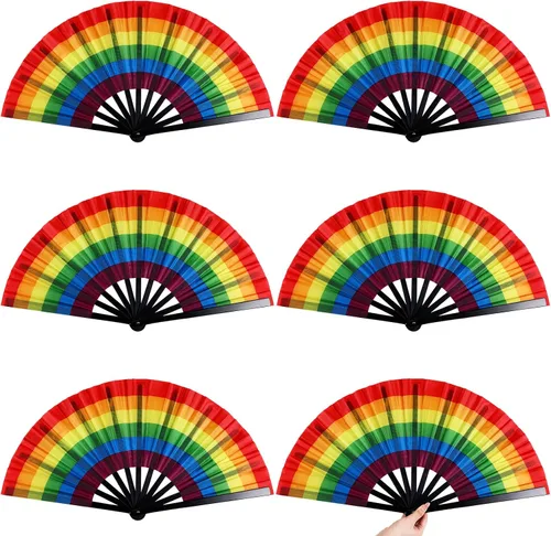 Geetery 6 piezas grandes de mano plegable arco iris para fanáticos gay LGBT, fanáticos del festival orgullo arco iris para mujeres y hombres, fiesta