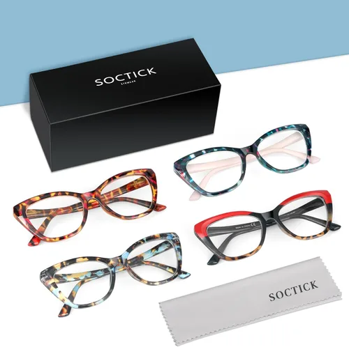 Miniatura 7 de Lentes de lectura elegantes para mujer, paquete de 4 unidades, de gran tamaño, bloquean la luz azul, con combinaciones de colores de moda (C2 x 0.00)