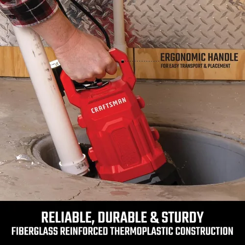 Miniatura 2 de CRAFTSMAN Termoplástico reforzado con fibra de vidrio de 1/3 HP, bomba de sumidero totalmente sumergible, bomba de agua eléctrica multiusos