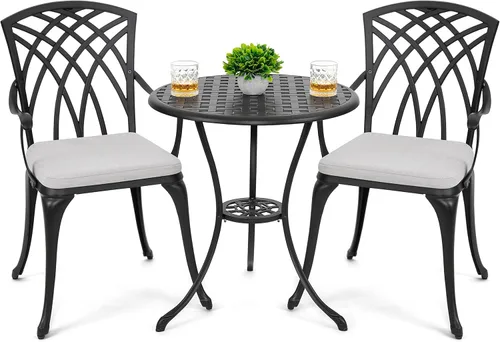 Miniatura 3 de NUU GARDEN Juego de mesa bistró de 3 piezas de aluminio fundido para exteriores con agujero para sombrilla y cojines grises para patio, balcón, Gris