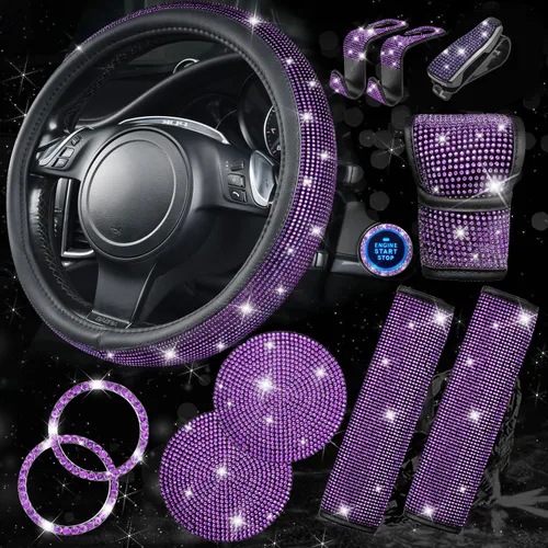 Miniatura 20 de CAR PASS Juego de fundas de asiento de coche con diamantes brillantes de 11 piezas, accesorios de coche con diamantes brillantes para mujer, funda