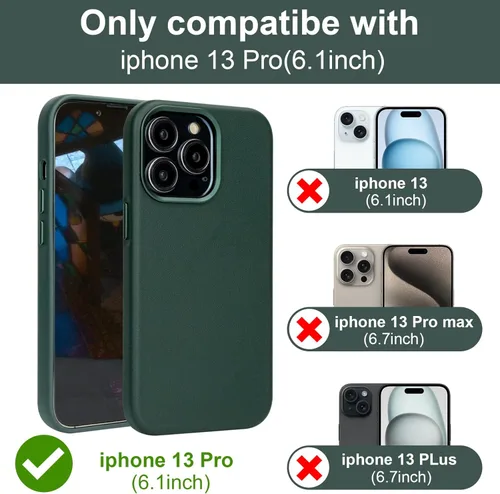 Miniatura 4 de Funda de cuero genuino para iPhone 13 Pro, cuero de grano completo, compatible con MagSafe y carga inalámbrica, bisel de la cámara con botones Verde