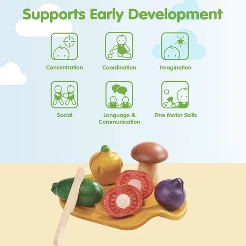 Miniatura 4 de PlanToys Juego de verduras surtidas de madera Montessori Play Food para niños pequeños Incluye tomate, champiñón, chalota, pimiento morrón y Set