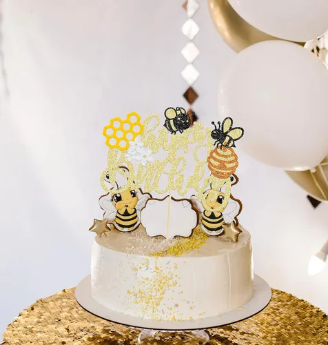 Miniatura 6 de Gyufise 1 Pieza Decoración para Pastel Abeja Feliz Cumpleaños Flor Panal Brillantina Feliz Día de Abeja Decoraciones de Pastel para Tema de Miel
