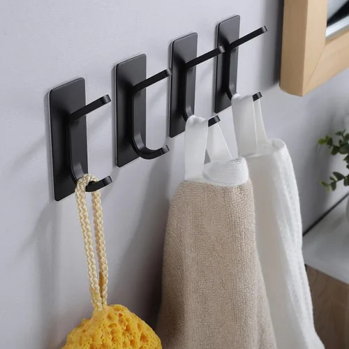 Miniatura 5 de YIGII Ganchos adhesivos para toallas, ganchos de pared negros para baño y cocina, ganchos resistentes, paquete de 4, acero inoxidable
