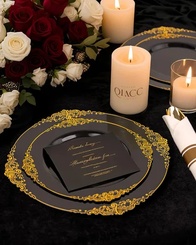 Miniatura 2 de Nervure 100 platos de plástico negro y dorado, platos desechables negros de 10.25 pulgadas, platos llanos de plástico negro para bodas, fiestas