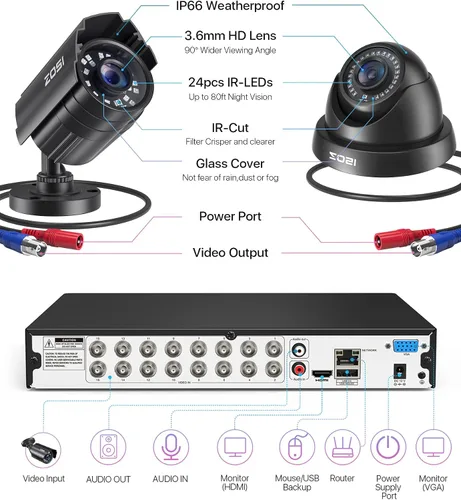 Miniatura 8 de ZOSI Sistema de cámara de seguridad de 16 canales para interiores y exteriores, 16 cámaras CCTV de vigilancia de 1080p, visión nocturna, alertas
